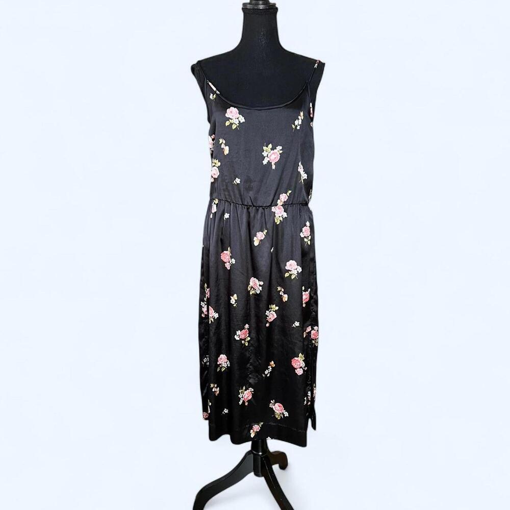 Vintage 70s Black Floral Slip Dress Satin Midi Romantic True Vintage Size 6